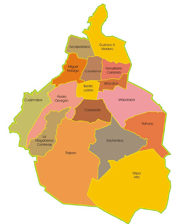 Map of Mexico City 16 districts (delegaciones) & neighborhoods (colonias)