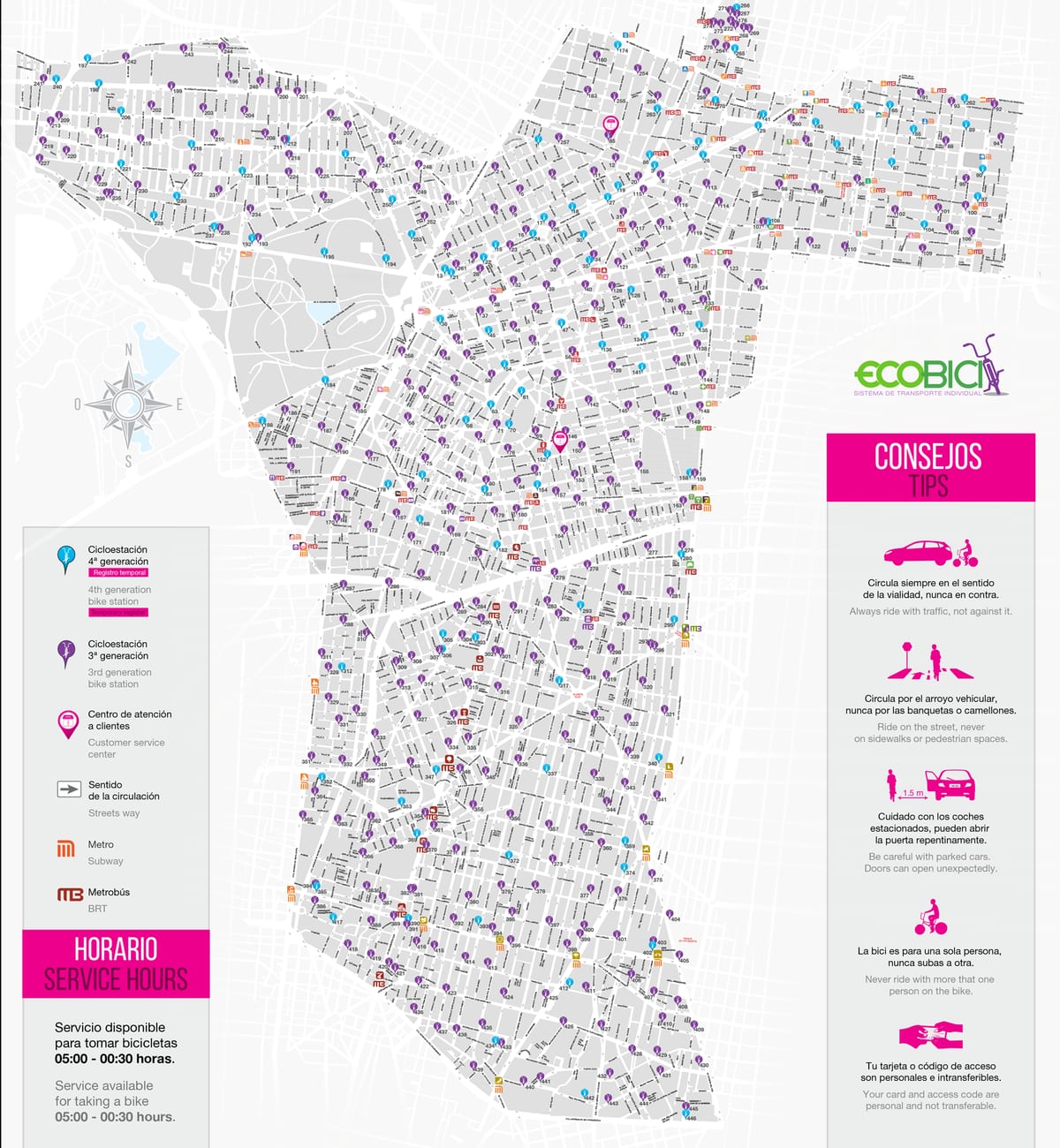 Map of Mexico City Ecobici stations, bike stations, bike hire