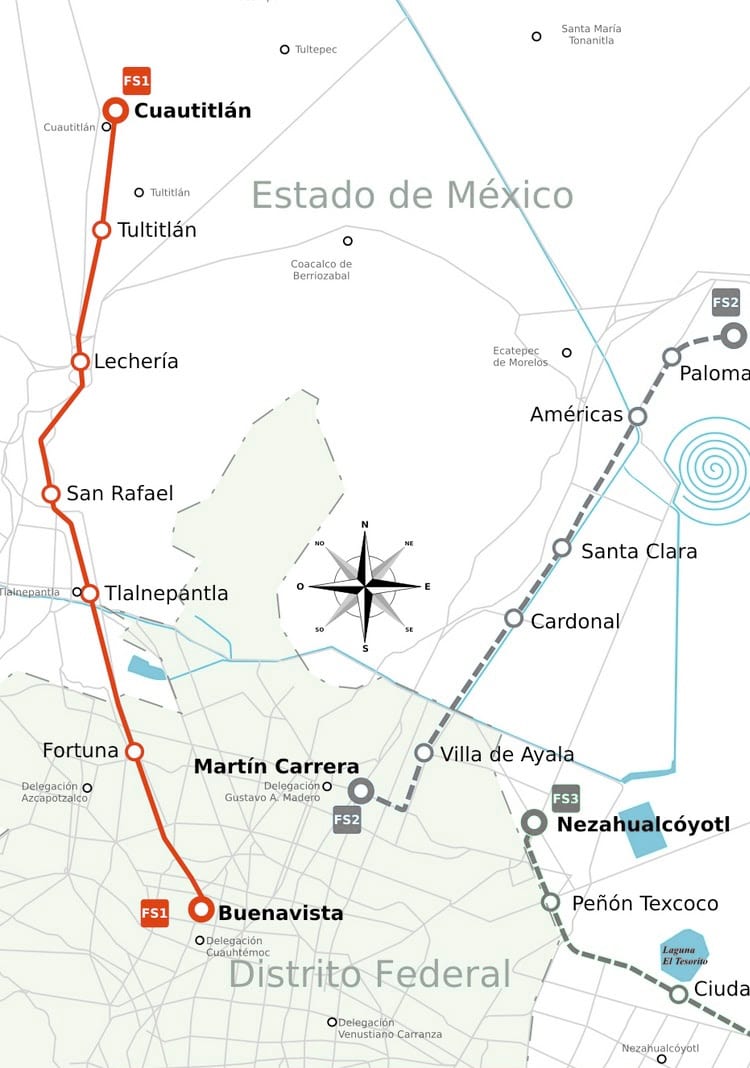 Map of Mexico City train, urban, commuter & suburban railway network